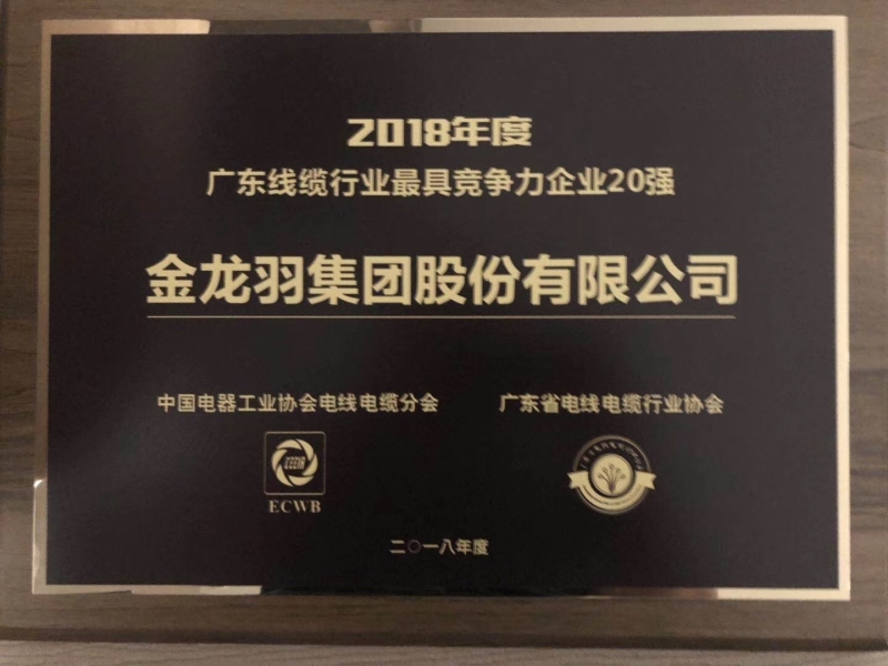 广东线缆行业最具竞争力企业20强牌匾